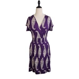 Tory‎ Burch Purple Silk Paisley Smocked Waist V-Neck Dress Size S Garden Party